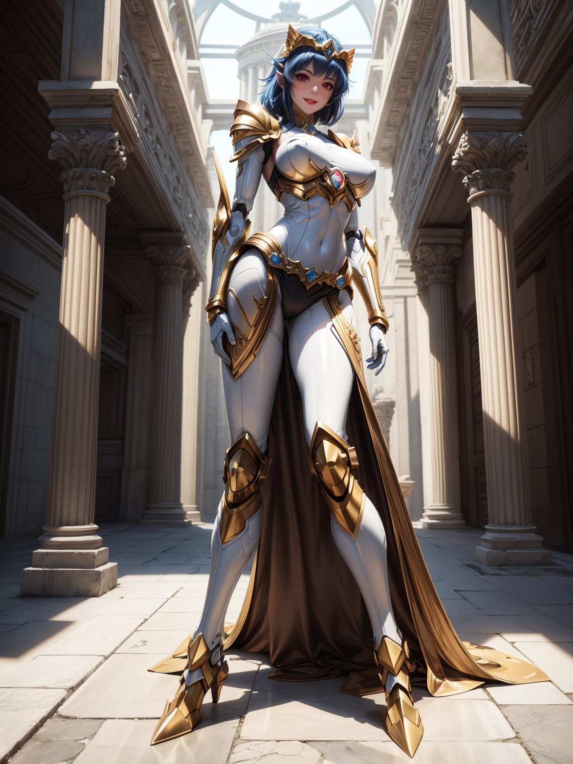 A woman, white armor with black parts, robotic body parts, extremely large breasts, blue hair, short hair, hair with bangs in front of the eyes, helmet on the head, looking at the viewer, (((erotic pose interacting and leaning [on something|on an object])))), in an ancient Greek temple with large structures, machines, robots, ((full body):1.5), 16k,  UHD, best possible quality, ultra detailed, best possible resolution, Unreal Engine 5, professional photography, well-detailed fingers, well-detailed hand, perfect_hands, ((saint seiya style, zelda legend of kingdom style, super metroid style, mecha style, robot style))