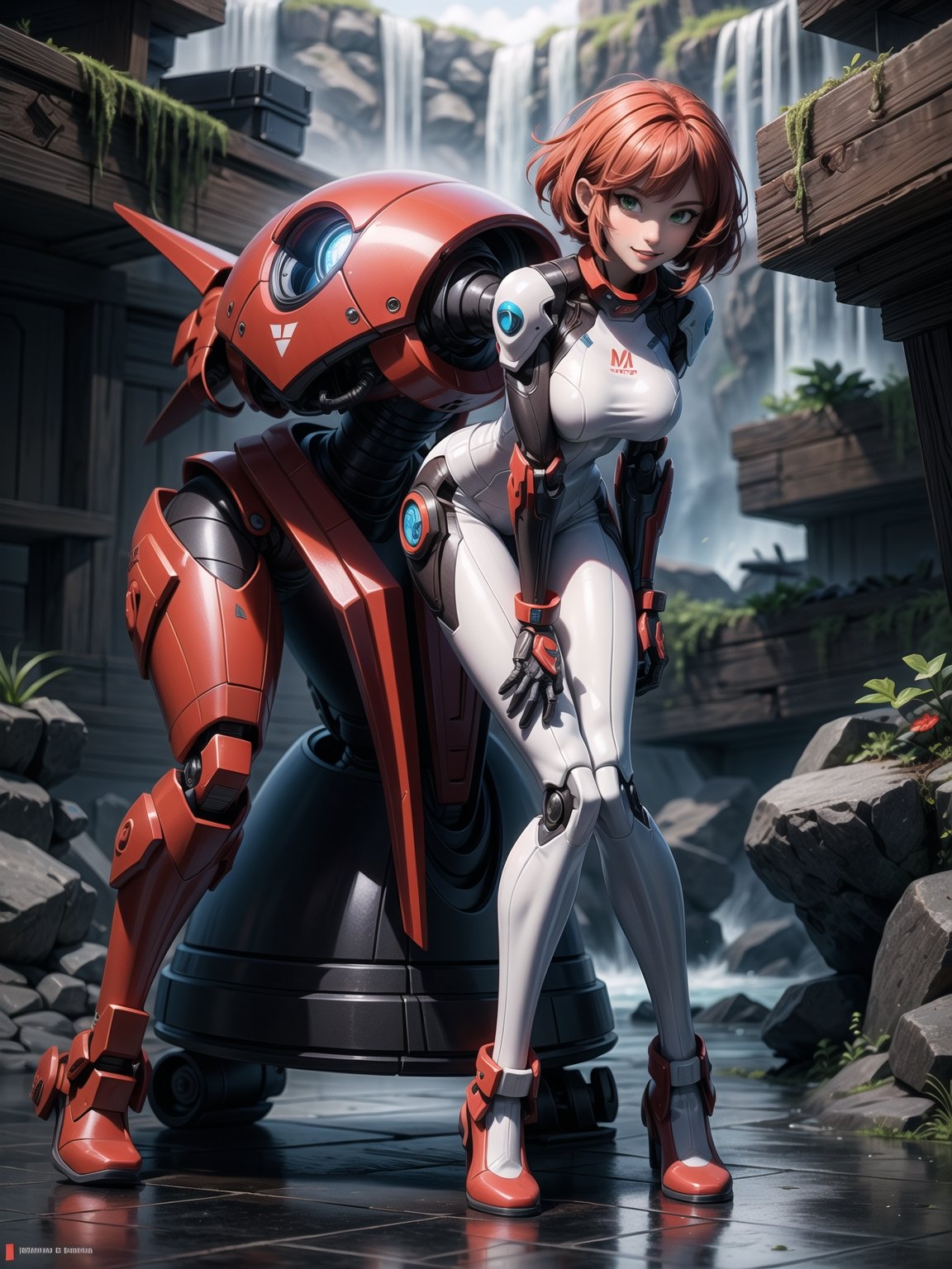 A woman, wearing mecha suit+cybernetic armor+futuristic suit, white suit with red parts, cybernetic helmet with colored visor, gigantic breasts, bright red hair, extremely short hair, hair with bangs in front of the eyes, (((looking at the viewer, sensual pose+Interacting+leaning on anything+object+leaning against))) in a dungeon with waterfall with many machines,  robots, structures, vehicles, ((full body)), 16K, UHD, unreal engine 5, quality max, max resolution, ultra-realistic, ultra-detailed, maximum sharpness, ((perfect_hands, perfect_legs)), Goodhands-beta2, super metroid, mecha, final fantasy, 