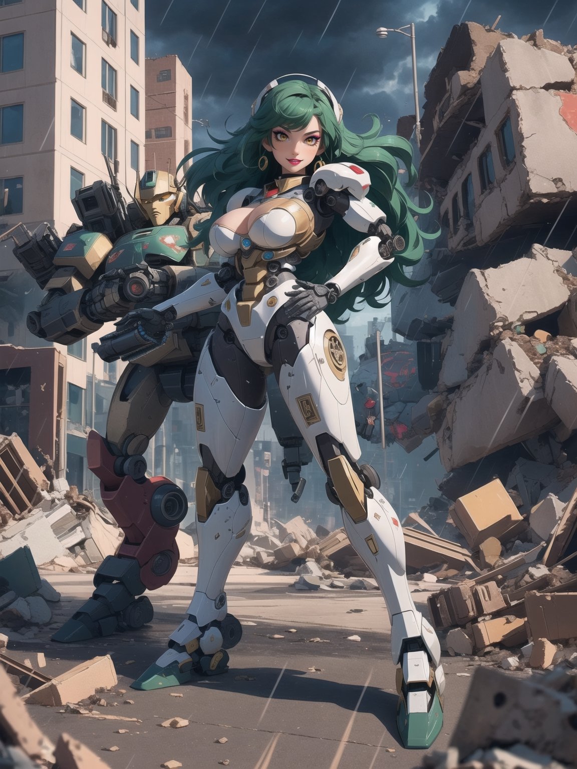 ((A woman, robot)), wearing all white robotic costume, robotic costume with gears in gold, robotic costume with armor, gigantic breasts, mohawk hair, green hair, messy hair, (looking directly at the viewer), she is in a war field with many vehicles with heavy armaments, many rubble, destroyed machines, it's night, heavy rain, thunder, ((Cyborg, mecha, futuristic)), 16K, UHD, best possible quality, ultra detailed, best possible possible resolution, Unreal Engine 5, professional photography, she is, ((dynamic pose with interaction and leaning on anything + object + on something + leaning against)) + perfect_thighs, perfect_legs, perfect_feet, better_hands, ((full body)), More detail,