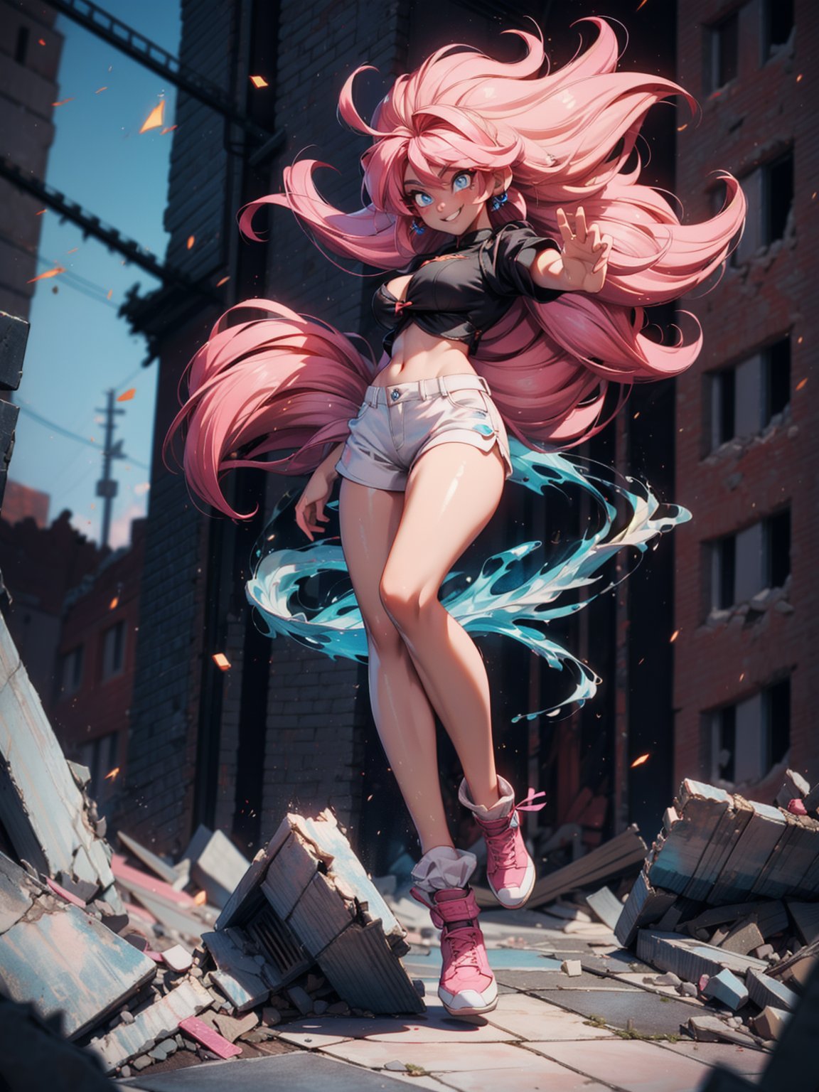 {((1woman))}, {only she is (((wearing black maid attire, extremely short and tight white shorts on the body)), only elá has ((giant breasts)), (((very short pink Super Saiyan hair, blue eyes, emanating magical aura around the body furiously)), ((staring at the viewer, smiling)), ((fighting pose, in a completely devastated city,  destroyed buildings, strong wind))}, ((full body):1.5), 16k, best quality, best resolution, best sharpness,