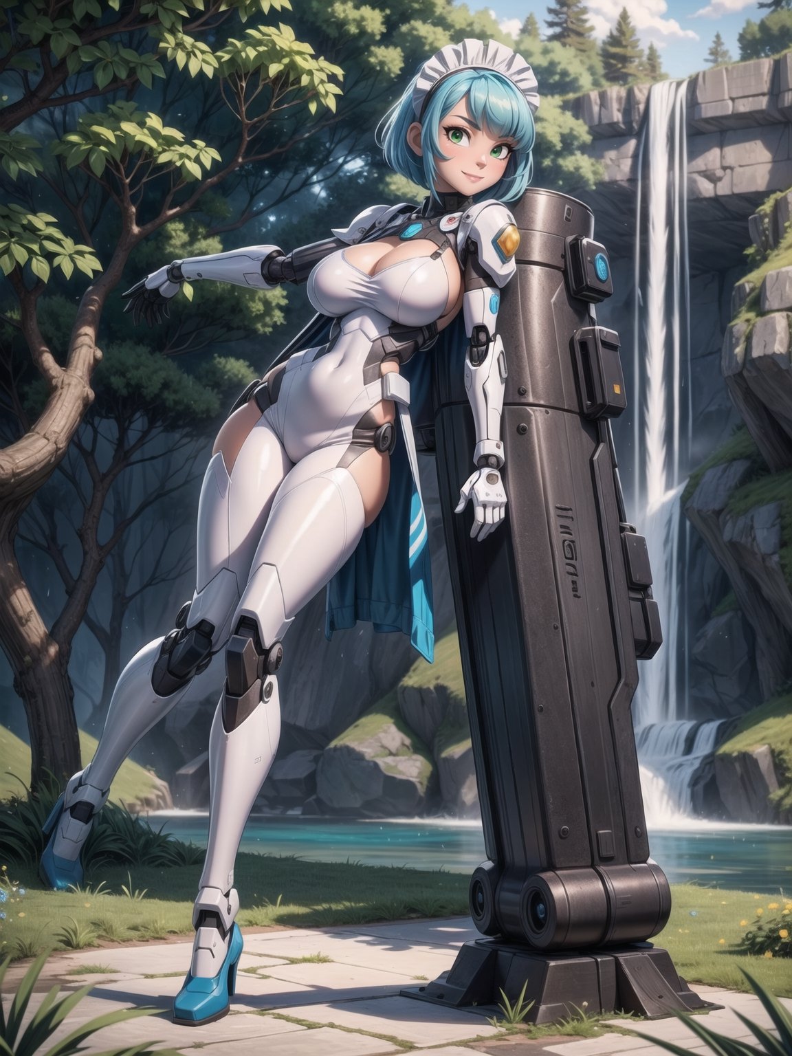 A woman, wearing a mecha outfit+cybernetic armor coat+futuristic costume, a white costume with blue parts, cybernetic helmet with colored visor, gigantic breasts, light blue hair, extremely short hair, hair with bangs in front of her eyes, ((looking at the viewer)), (((sensual pose+Interacting+leaning on anything+object+leaning against))), in a forest with waterfall, with large structures, altars with Ancient Writings, robots, robotic machines, 16K, UHD, ((full body)), Unreal Engine 5, quality max, max resolution, ultra-realistic, ultra-detailed, maximum sharpness, ((perfect_hands)), ((perfect_legs)), Goodhands-beta2, ((mecha+maid costume))