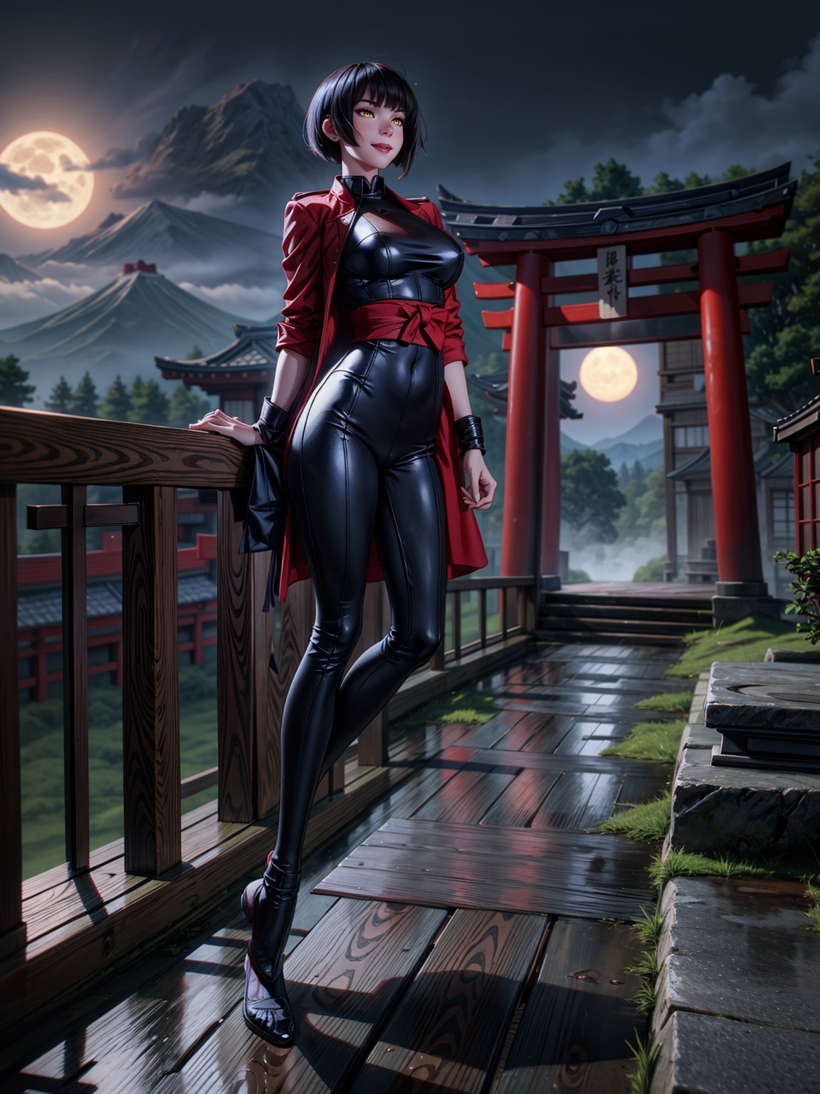 Just a student woman, wearing red silk coat, white T-shirt, short black pants, extremely tight and tight clothing on the body, gigantic breasts, black hair, very short hair, straight hair, hair with bangs in front of the eyes, staring at the spectator, (((erotic pose interacting and leaning on something))), in an ancient Japanese village, large pillars,  large structures, ghosts, fog, night mountain background with full moon at top left, ((full body):1.5), 16k, UHD, best possible quality, ((ultra detailed):1.2), best possible resolution, Unreal Engine 5, professional photography, perfect_hands