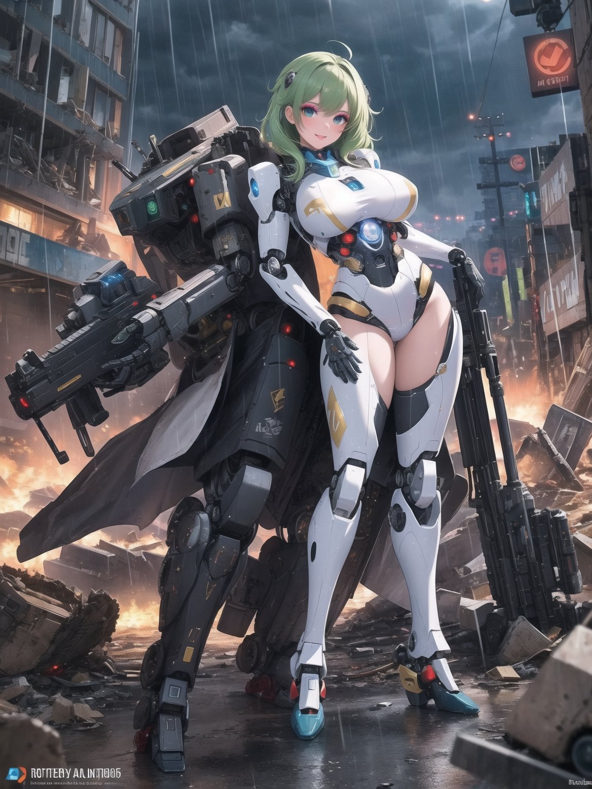 ((A woman, robot)), wearing all white robotic costume, robotic costume with gears in gold, robotic costume with armor, absurdly gigantic breasts, mohawk hair, green hair, messy hair, (looking directly at the viewer), she is in a war field with many vehicles with heavy armaments, many rubble, destroyed machines, it's night, heavy rain, thunder, ((Cyborg, mecha, futuristic)), 16K, UHD, best possible quality, ultra detailed, best possible possible resolution, Unreal Engine 5, professional photography, she is, ((sensual pose with interaction and leaning on anything + object + on something + leaning against)) + perfect_thighs, perfect_legs, perfect_feet, better_hands, ((full body)), More detail,