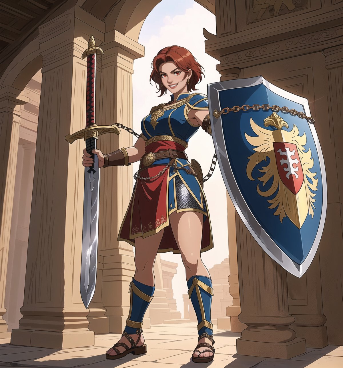 An ultra-detailed 16K masterpiece in Realistic, Historical and Action styles. A 28-year-old Spartan warrior, dressed in a bronze chain mail, a round shield with the symbol of Sparta, a short sword and sandals, stands inside an ancient Spartan temple. Her short red hair is tousled and dishevelled, and she smiles through her teeth as she looks at the spectator with red eyes. Sunlight enters from the top of the temple, illuminating the scene. The scene highlights the powerful and determined figure of the warrior, as well as the Doric columns and statues of Greek gods in the temple. The sunlight creates realistic shadows and reflections and adds an epic atmosphere to the scene. Natural lighting effects and warm colours create a heroic and historic atmosphere. The texture of the chain mail and shield is detailed and realistic. | A Spartan warrior inside an ancient temple, prepared for battle. | (((((The image reveals a full-body shot as she assumes a powerful pose, engagingly leaning on her shield within the scene in an exciting manner. She takes on a powerful pose as she interacts with the environment, confidently holding her sword and shield.))))). | ((full-body shot)), ((perfect pose)), ((perfect fingers, better hands, perfect hands)), ((perfect legs, perfect feet)), ((chain mail, shield, sword)), ((perfect design)), ((perfect composition)), ((very detailed scene, very detailed background, perfect layout, correct imperfections)), More Detail, Enhance