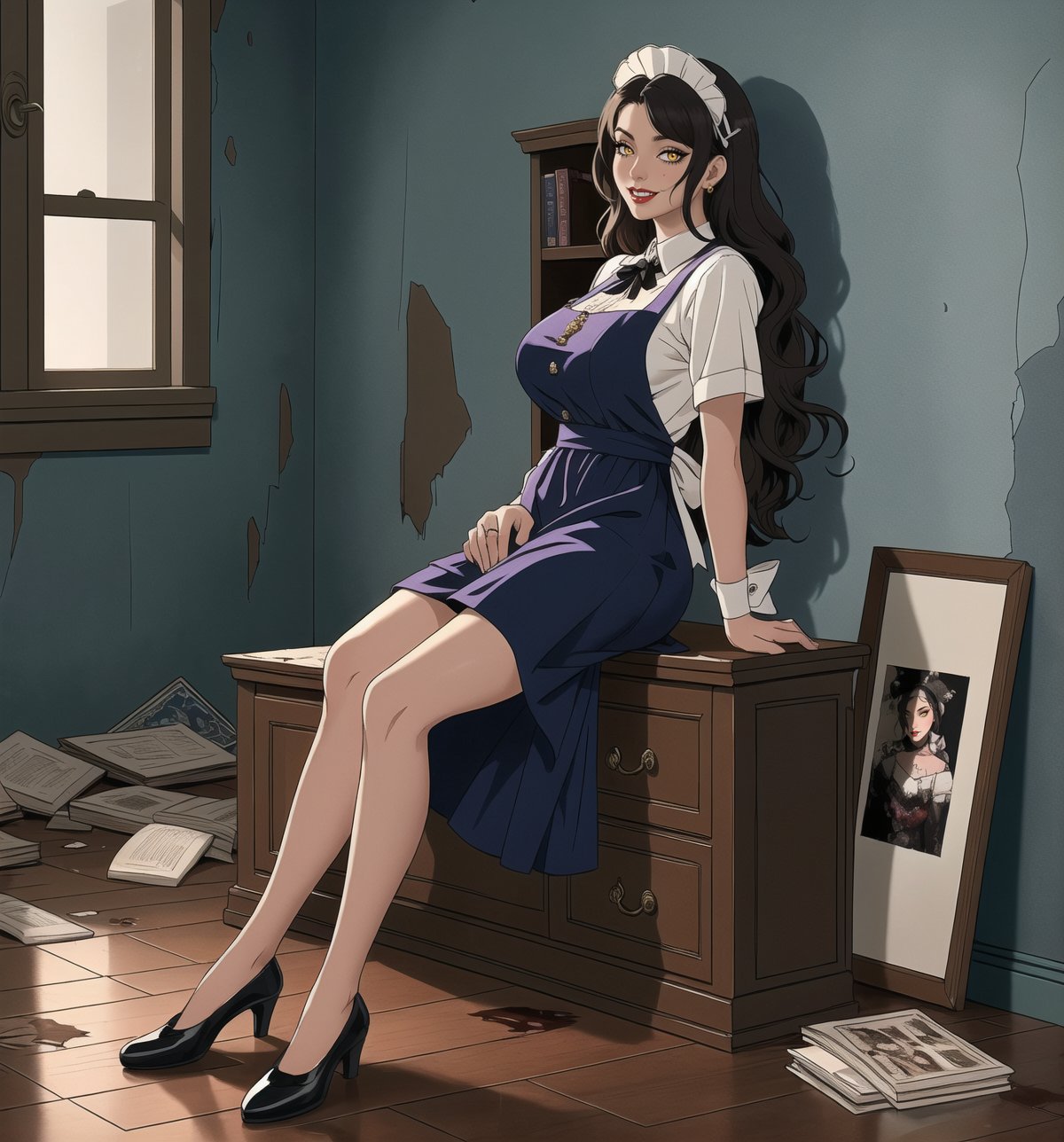 An ultra-detailed 4K masterpiece with Horror, Gothic and Realistic styles. | A woman in her 30s is dressed in a black and white maid uniform, consisting of a dress with a long skirt, a white apron and a white maid cap. She has dark blue, long, wavy hair, styled in a style reminiscent of the 1940s or 1950s, and decorated with a white headband and a gold brooch. Her yellow eyes are looking directly at the viewer, with a mischievous smile that shows her sharp white teeth, and her makeup is discreet, with dark red lipstick. She is in a destroyed and macabre apartment, with dirty and cracked walls, broken furniture and personal objects scattered across the floor, such as books, photographs and clothes. There are also bloodstains on the walls and floor, suggesting that something terrible has happened in this location, and the light is dim and eerie, creating dark shadows. | Medium shot composition, dark lighting. | Woman employed in a destroyed and macabre apartment, with dirty and cracked walls, broken furniture and personal objects scattered across the floor, such as books, photographs and clothes. There are also bloodstains on the walls and floor. | (((((The image reveals a full-body shot as she assumes a sensual pose, engagingly leaning against a structure within the scene in an exciting manner. She takes on a sensual pose as she interacts, boldly leaning on a structure, leaning back in an exciting way.))))). | ((full-body shot)), ((perfect pose)), ((perfect fingers, better hands, perfect hands)), ((perfect legs, perfect feet)), ((Big, huge breasts)), ((perfect design)), ((perfect composition)), ((very detailed scene, very detailed background, perfect layout, correct imperfections)), More Detail, Enhance
