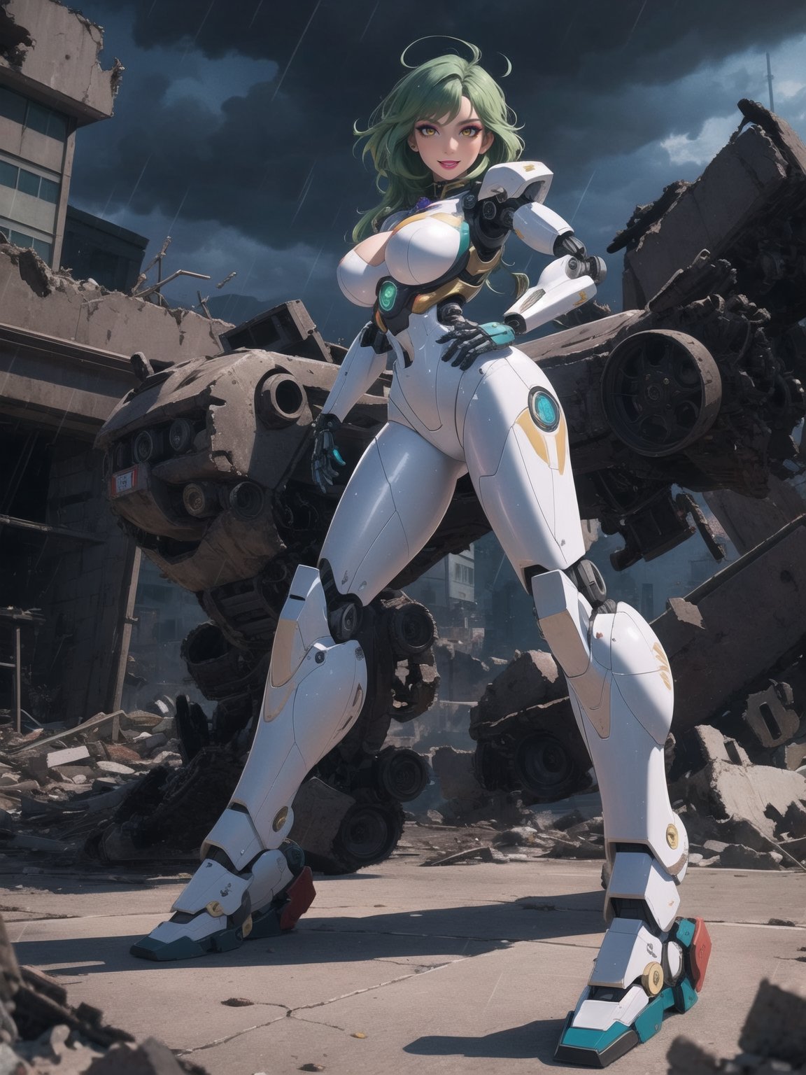 ((A woman, robot)), wearing all white robotic costume, robotic costume with gears in gold, robotic costume with armor, gigantic breasts, mohawk hair, green hair, messy hair, (looking directly at the viewer), she is in a war field with many vehicles with heavy armaments, many rubble, destroyed machines, it's night, heavy rain, thunder, ((Cyborg, mecha, futuristic)), 16K, UHD, best possible quality, ultra detailed, best possible possible resolution, Unreal Engine 5, professional photography, she is, ((dynamic pose with interaction and leaning on anything + object + on something + leaning against)) + perfect_thighs, perfect_legs, perfect_feet, better_hands, ((full body)), More detail,