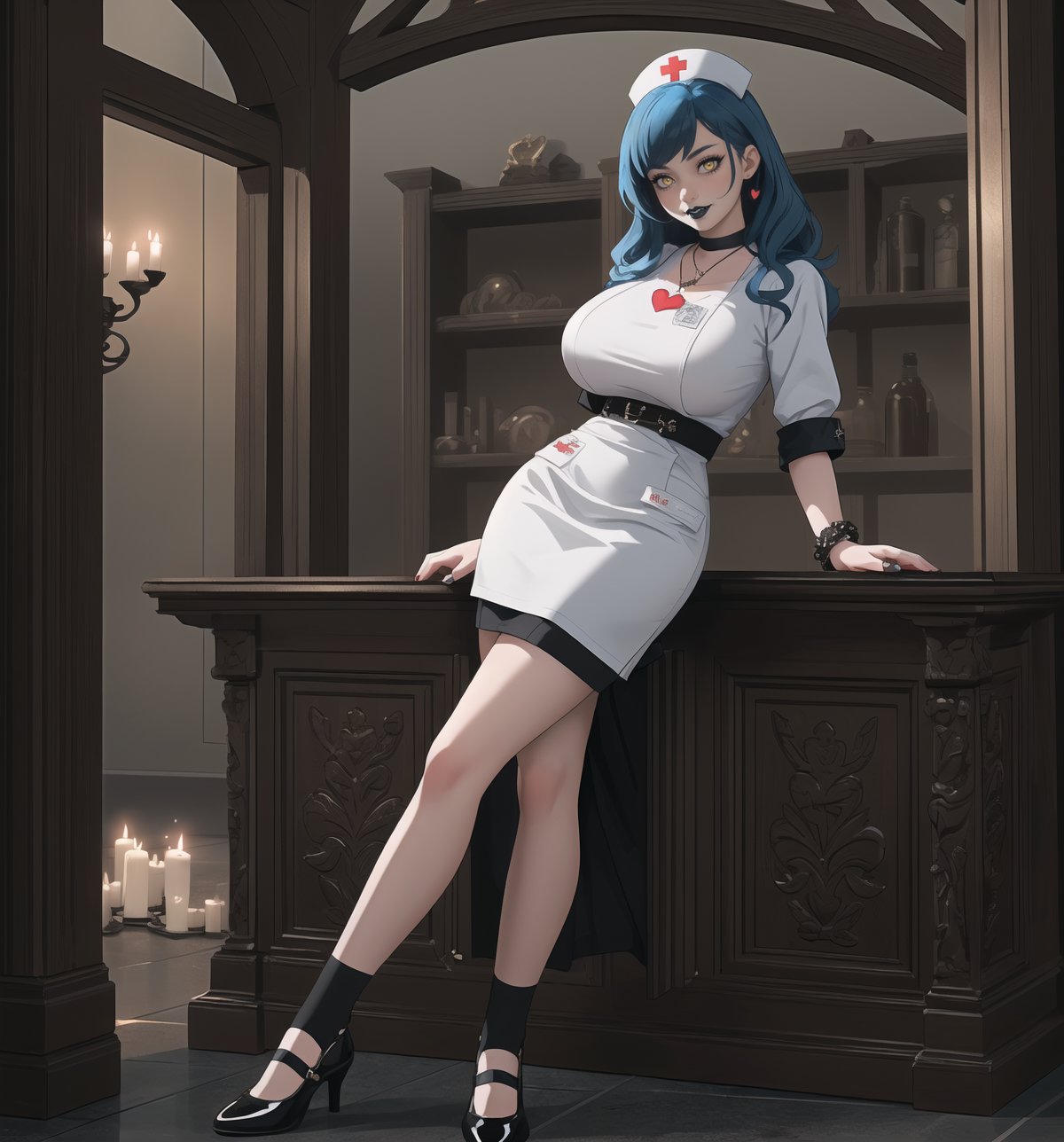 A nurse-gothic masterpiece with realistic details, rendered in ultra-high resolution. | A young woman, with blue hair and yellow eyes, is dressed in a nurse's outfit. The white dress with red details and the white apron with red details highlight her slender and careful figure. She also wears white socks, white low-heeled shoes, and accessories like a red heart pendant and a red leather bracelet, which add a layer of sweetness and affection to her appearance. ((The young woman smiles at the viewer, showing her white teeth and wearing black lipstick)), creating a charming contrast to her goth, nurse appearance. | The scene takes place in a macabre basement, lit by candles scattered throughout the room. The concrete, rock, wooden and metal structures create a spooky and mysterious atmosphere. The young woman stands out amidst this dark backdrop, adding a layer of beauty and fascination to the image. | Soft, moody lighting effects create a gothic mood, while detailed textures on clothing, accessories and set elements add realism to the masterpiece. | An intriguing and compelling scene of a young gothic nurse in a macabre basement, exploring themes of care, mystery, horror and beauty. | (((((The image reveals a full-body shot as she assumes a sensual pose, engagingly leaning against a structure within the scene in an exciting manner. She takes on a sensual pose as she interacts, boldly leaning on a structure, leaning back in an exciting way.))))). | ((full-body shot)), ((perfect pose)), ((perfect fingers, better hands, perfect hands)), ((perfect legs, perfect feet)), ((huge breasts)), ((perfect design)), ((perfect composition)), ((very detailed scene, very detailed background, perfect layout, correct imperfections)), More Detail, Enhance,