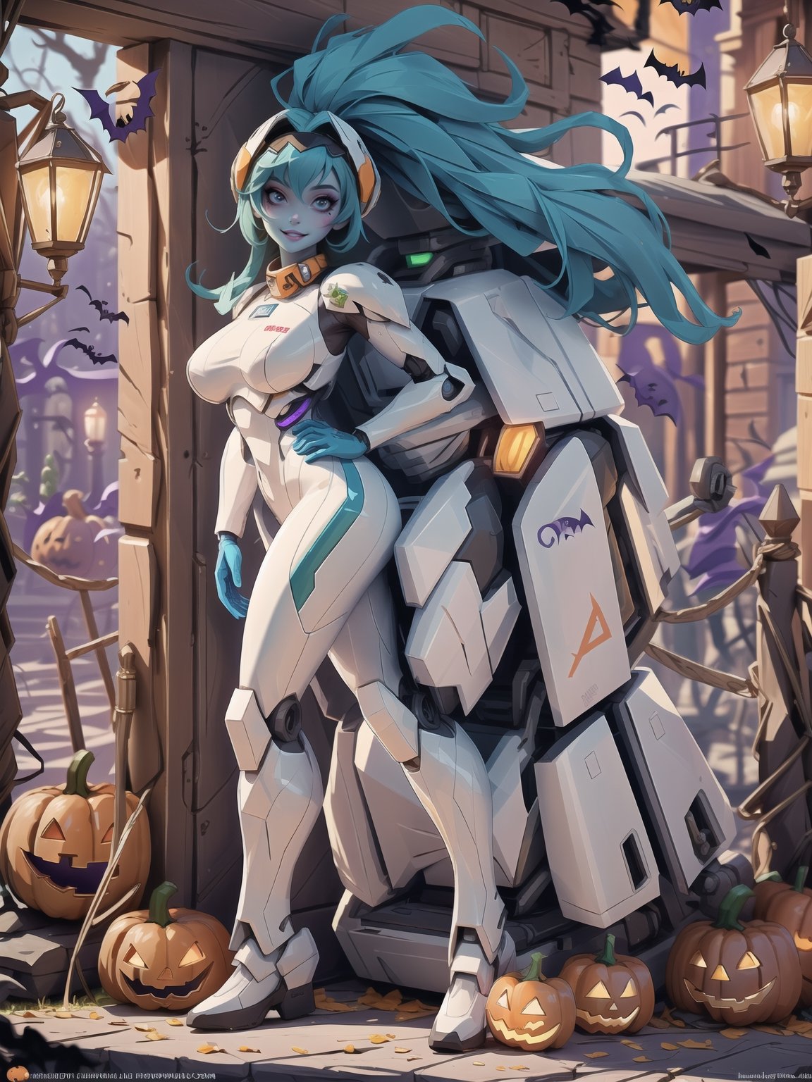 (Solo woman all-blue skin), wore all-white mecha suit, mecha suit with parts in blue+lights, mecha suit with cybernetic armor, mecha suit with robotic parts, gigantic breasts, ((mecha suit covering the whole body)), wearing cybernetic helmet with visor, mohawk hair, green hair, messy hair, (looking directly at the viewer), she is in an ancient village,  with altars, wooden structures, pumpkins with slaps, candles illuminating the place, many signs with monster drawings, candy machines, (((halloween, Ultra Technological)), 16K, UHD, best possible quality, ultra detailed, best possible resolution, Unreal Engine 5, professional photography, she is, ((sensual pose with interaction and leaning on anything + object + on something + leaning against)) + perfect_thighs, perfect_legs,  perfect_feet, better_hands, ((full body)), More detail,