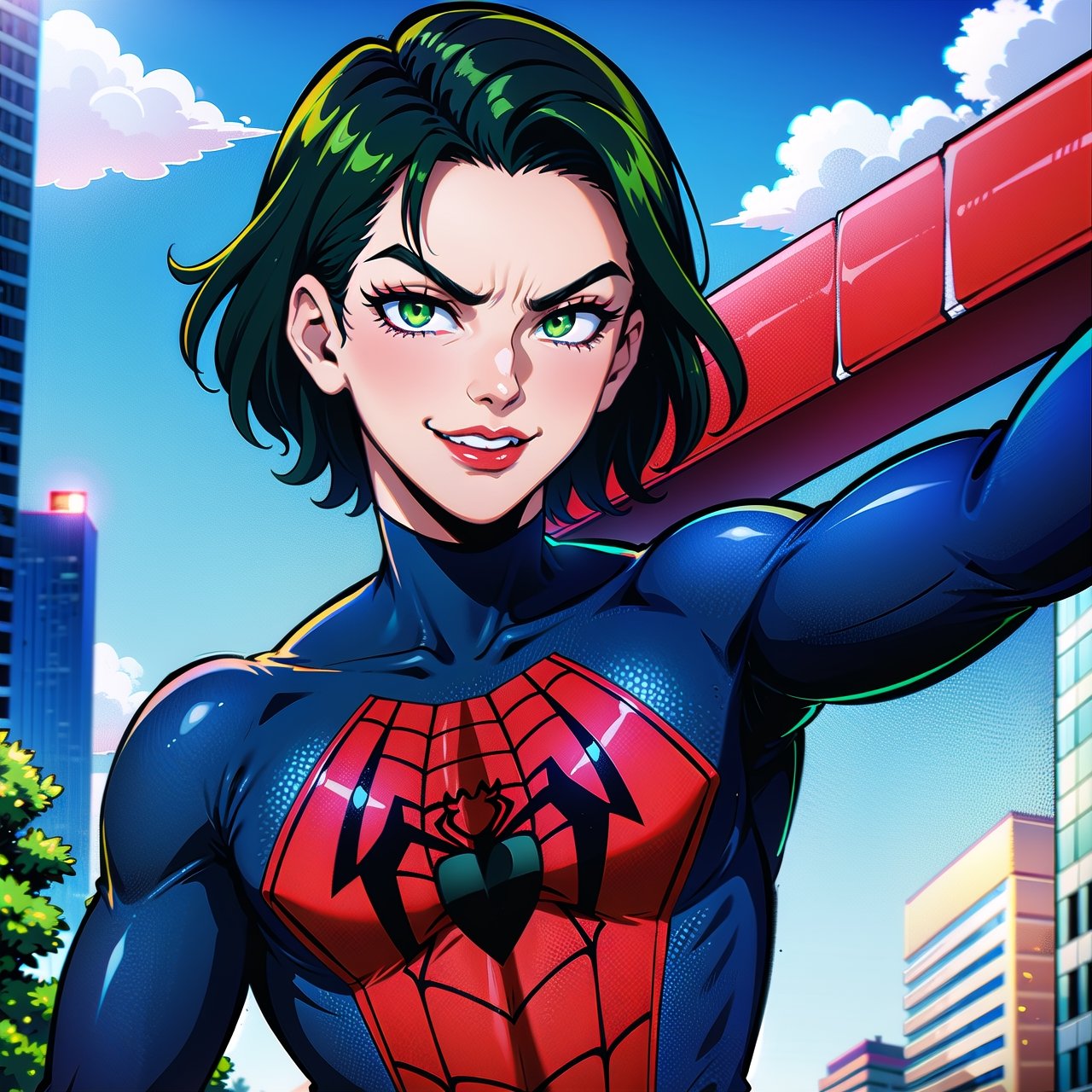 upper body, solo, boy, power, smirk, selfie, looking at viewer, black afro hair, green eyes, spiderman suit, spider web print, spider web, blue sky, miles morales,