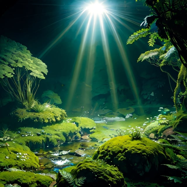 harsh light, heavy contrast, a cave with open ceiling casting sun beams on a green mosses and ferns, and a open( view on ocean:1.1) at the bottom, cell shading render, 4k, 360 degree, equirectangular, qxj,