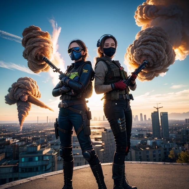 ((high quality)), ((masterpiece)), 8k, 2girls, bulletproof vest, light rays, extremely detailed CG unity 8k wallpaper, game cg, looking at viewer, gloves, boots, full body, watch, computer, mask, drone, holding weapon, headphones, jacket, (background destroyed city , explosion , smoke