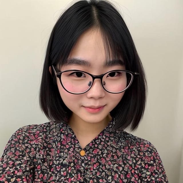 The face is of a Chinese girl wearing round glasses with black frames,