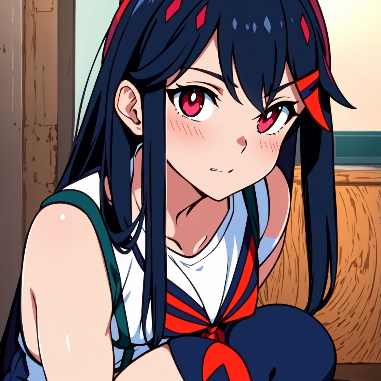 beautiful, masterpiece, best quality, extremely detailed face,  perfect lighting, 1girl, solo,  , matoi ryuuko b, senketsu, suspender skirt, squatting,blush,  cowboy shot