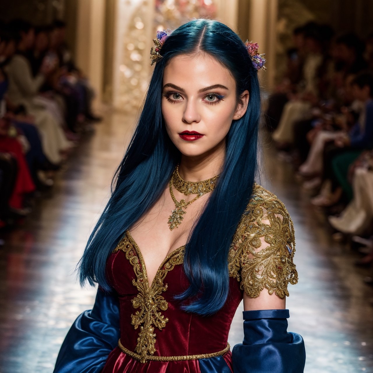 (masterpiece:1.4), (best quality:1.4), extremely detailed, intricate, hyper detailed, illustration,soft lighting, scenic, 1girl, disgust, Navy blue hair, colorful, colorized, from_above ,vampire_costume , runway