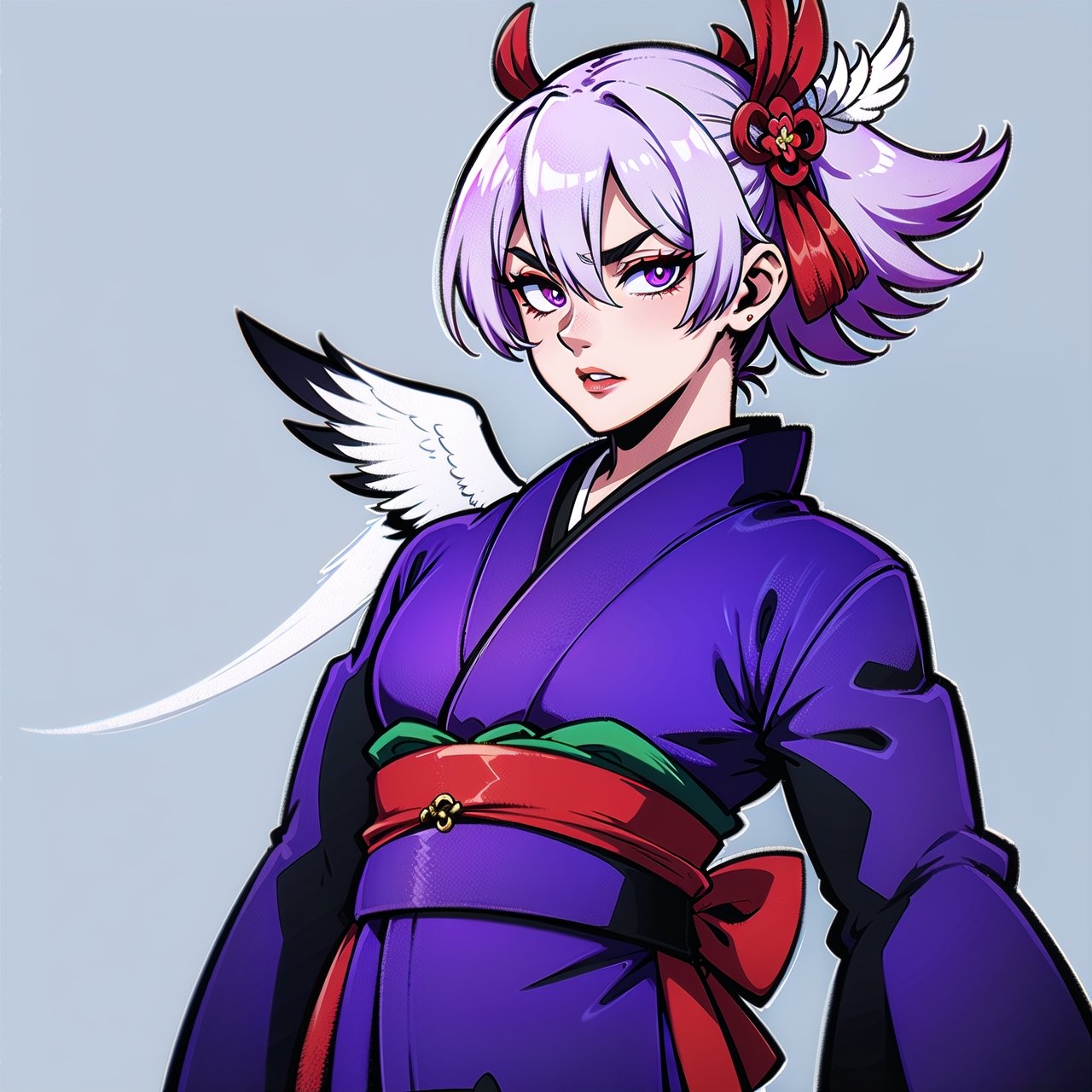 Man, Tengu, Onmyoji, Bird's Beak, Shaggy, Gray Hair, White Feathers, Long Wings, Purple Pupils, Kimono, Japanese Style, Simple Background