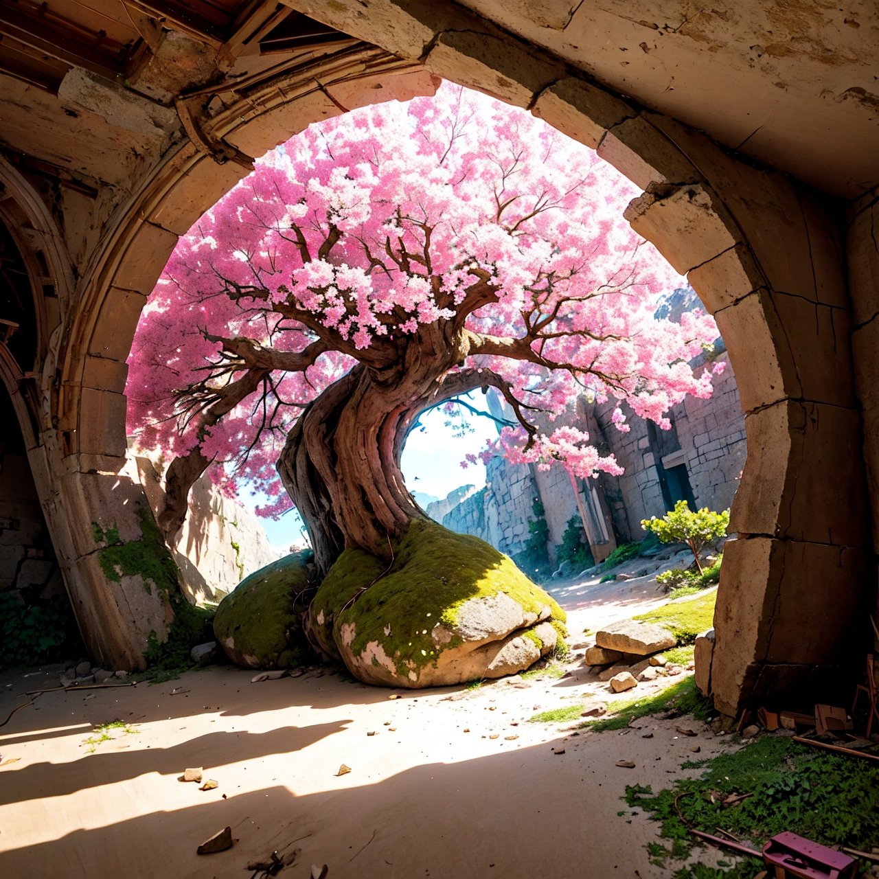 an amazing pink tree on a rock on the beach, in the style of realistic depiction of light, passage, faith-inspired art, abandoned spaces, light-filled scenes, immersive environments, flower and nature motifs --ar 14:25