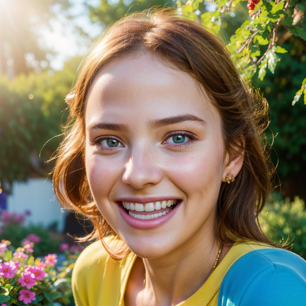 (best quality,4k,8k,highres,masterpiece:1.2),ultra-detailed,(realistic,photorealistic,photo-realistic:1.37),portraits,laughing faces,happy expressions,colorful,sunlit garden,girl with sparkling eyes,joyful atmosphere,warm sunlight,happiness and laughter,bright and vibrant colors