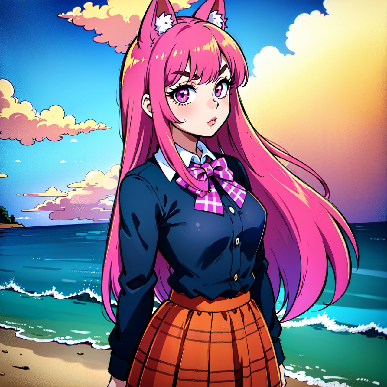 (1girl, koko), (guitar solo), bubble skirt, aqua shirt, bow, bowtie, buttons, collared shirt, expressionless, eyebrows hidden by hair, fox mask, cowboy shot, long hair, long sleeves, mask, multicolored buttons, pink eyes, pink hair, orange skirt, plaid, plaid shirt, purple bow, purple bowtie, shirt, skirt, solo, very long hair, sea, ocean, beach, cloudy, sunrays, dusk, moon, cloud, sky, outdoors, cloudy sky, leaf, ruins, sunbeam, post-apocalypse, side view