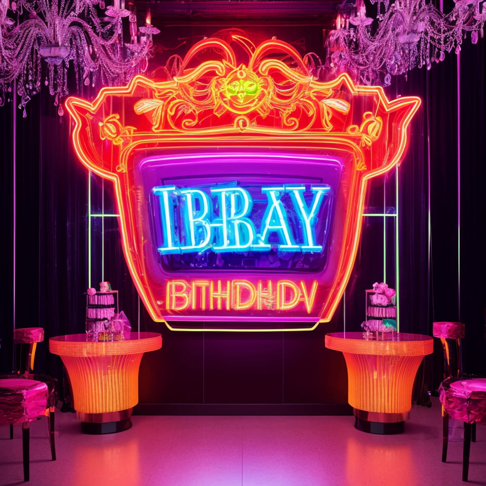 birthday sign, colorful, vibrant, 3d render, intricate details, metallic text, glowing neon lights, glossy surface, modern design, artistic typography, party celebration, festive atmosphere, photorealistic, high resolution, 8k, best quality, hyperdetailed