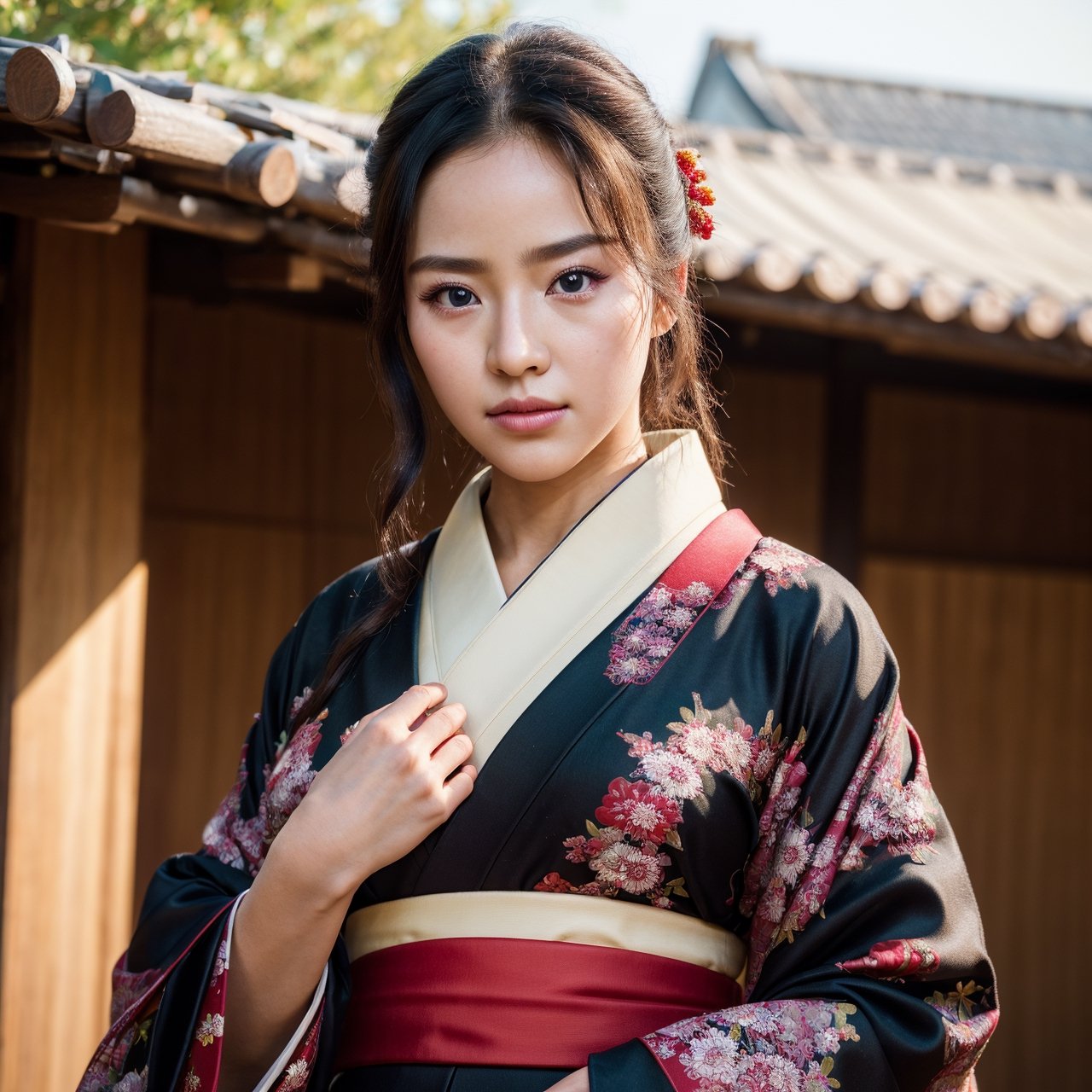 ((Top Quality, 8K, Masterpiece: 1.3)), Sharp Focus: 1.2, (Super Beautiful Face: 1.0), (Glossy Skin: 1.0), Realistic Photos, Black Hair, Realistic Pupils, Movie Lighting, Highly Detailed Eyes and Face, Movie Lighting, (Cowboy Shot: 1.0), (kimono, hakama, obi: 1.15),　(Korean Cute Actress), in nature, classic kimono,