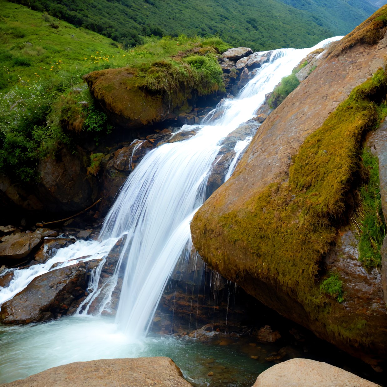 Waterfall-like water flows in the mountains