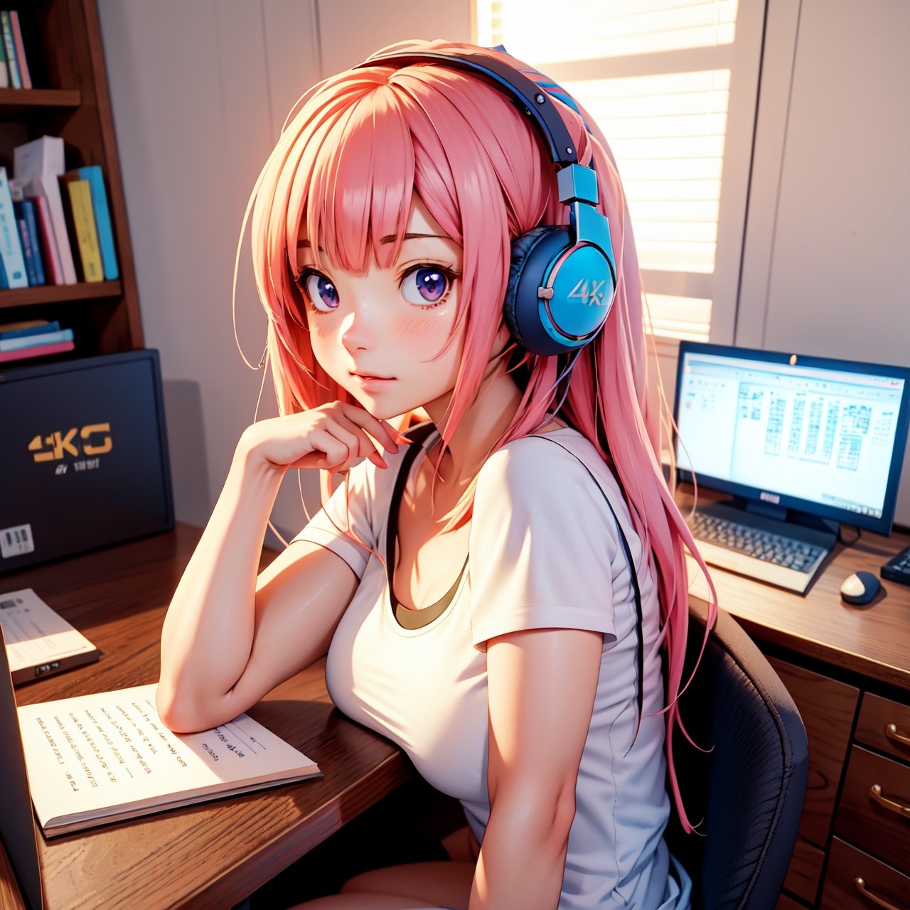 anime girl sitting at a desk with headphones on writing, anime style 4 k, digital anime illustration, digital anime art, anime style. 8k, anime moe artstyle, anime art wallpaper 4 k, anime art wallpaper 4k, anime style illustration, smooth anime cg art, detailed digital anime art, anime art wallpaper 8 k, realistic anime 3 d style