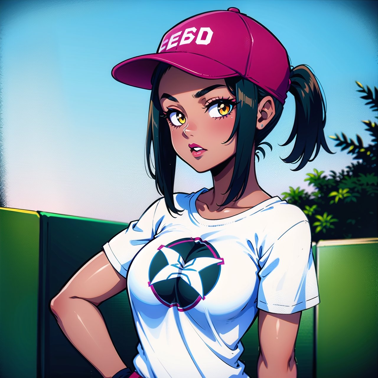 1girl, solo, dark skin, dark-skinned female, upper body, baseball cap, t-shirt, tomboy