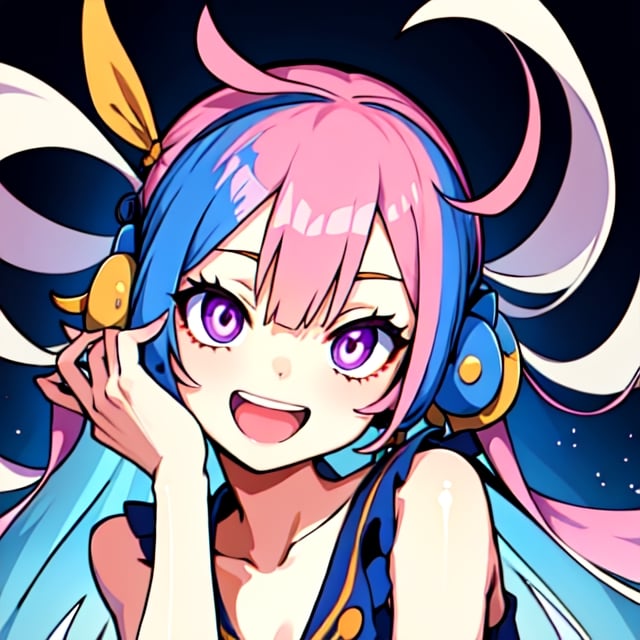 uta (one piece), oda eiichirou,, , 1girl, :d, bangs, blue ribbon, diamond-shaped pupils, diamond (shape), hair between eyes, headphones, long hair, multicolored hair, open mouth, purple eyes, red hair, ribbon, shirt, signature, sleeveless, sleeveless shirt, smile, solo, ((split-color hair)), symbol-shaped pupils, white hair, white shirt, sea, one eye covered, watercolor,, ,