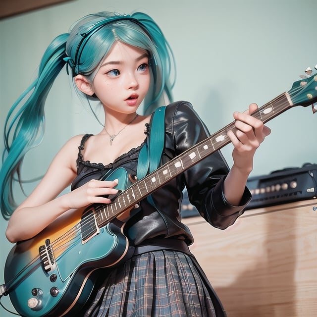 ((masterpiece, best quality))1girl, solo, black dress, blue eyes, electric guitar, guitar, headphones, double ponytail, holding, holding plectrum, instrument, long hair, music, one side up, teal hair, twin tails, playing guiter, pleated skirt, black shirt, interior