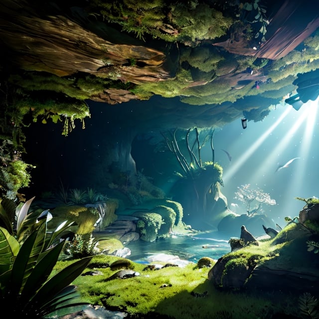 harsh light, heavy contrast, a cave with open ceiling casting sun beams on a green mosses and ferns, and a open( view on ocean:1.1) at the bottom, cell shading render, 4k, 360 degree, equirectangular, qxj,