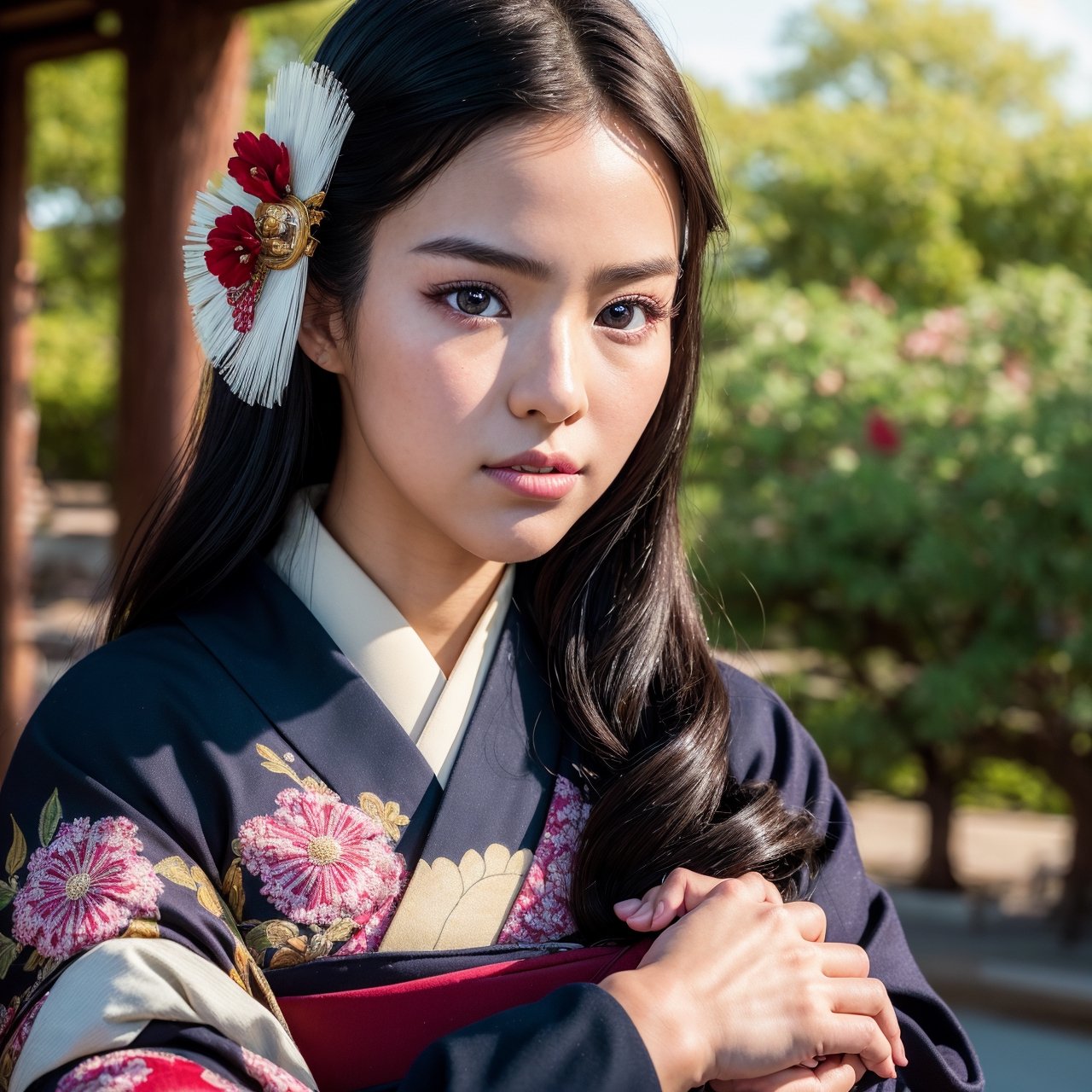 ((Top Quality, 8K, Masterpiece: 1.3)), Sharp Focus: 1.2, (Super Beautiful Face: 1.0), (Glossy Skin: 1.0), Realistic Photos, Black Hair, Realistic Pupils, Movie Lighting, Highly Detailed Eyes and Face, Movie Lighting, (Cowboy Shot: 1.0), (kimono, hakama, obi: 1.15),　(Korean Cute Actress), in nature, classic kimono,realistic