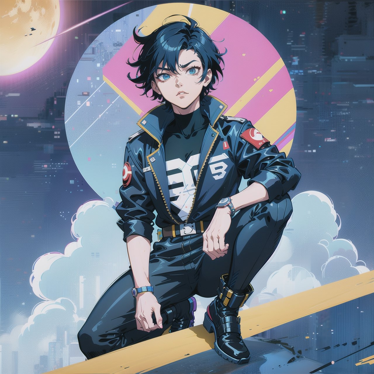 anime guy sitting on the ground looking at the planet, space cowboy, cyber space cowboy, inspired by Josan Gonzalez, makoto shinkai ( apex legends ), akira artstyle, ross tran style, akira vibes, akira art style, floating beside planets, josan gonzales, sci - fi art!!!!!!!, josan gonzales!!!, in space, modern sci-fi anime