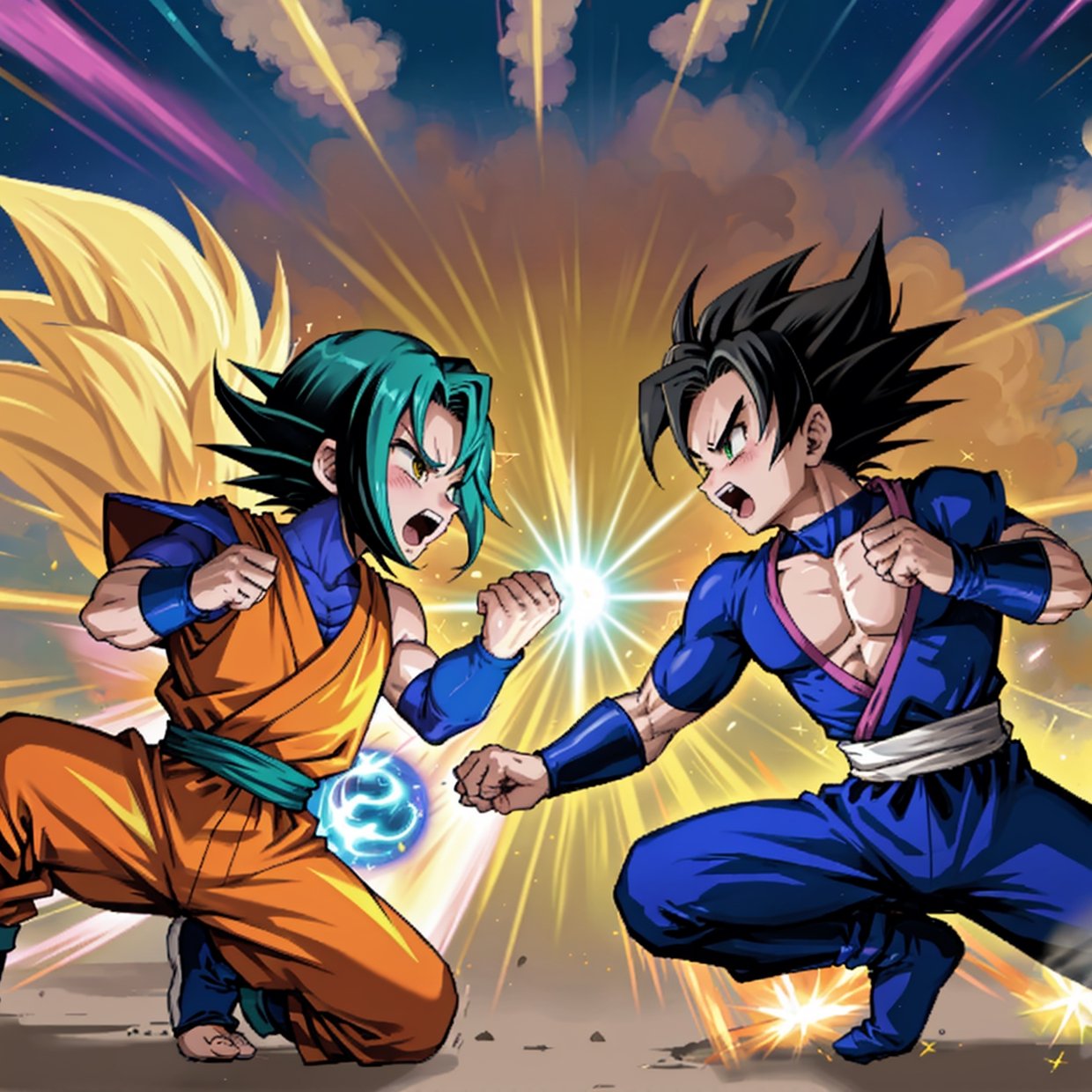 a powerful warrior, vibrant colors, epic battles, stunning energy blasts, intense emotions, dynamic action poses, martial arts mastery, iconic characters, spiky hair, glowing auras, planet-destroying fights, superhuman strength, otherworldly landscapes, Dragon Balls, wish-granting dragon, flying nimbus cloud, training in the hyperbolic time chamber, fusion dance, transforming into Super Saiyan, Goku, Vegeta, Gohan, Piccolo, Frieza, Cell, Majin Buu, Galactic Tournament, Kamehameha wave, Spirit Bomb, teleportation, powerful villains, legendary Super Saiyan, scream "It's over 9000!", iconic catchphrases, epic music, fast-paced animation, intricate fight choreography, dramatic power-ups, friendship and loyalty, never give up, saving the world, iconic screaming faces, anime art style, dynamic camera angles, vibrant and saturated colors, intense shading, explosive energy effects, anime-inspired costumes, epic clashes between good and evil, intense rivalries, iconic transformations, earth-shattering explosions.