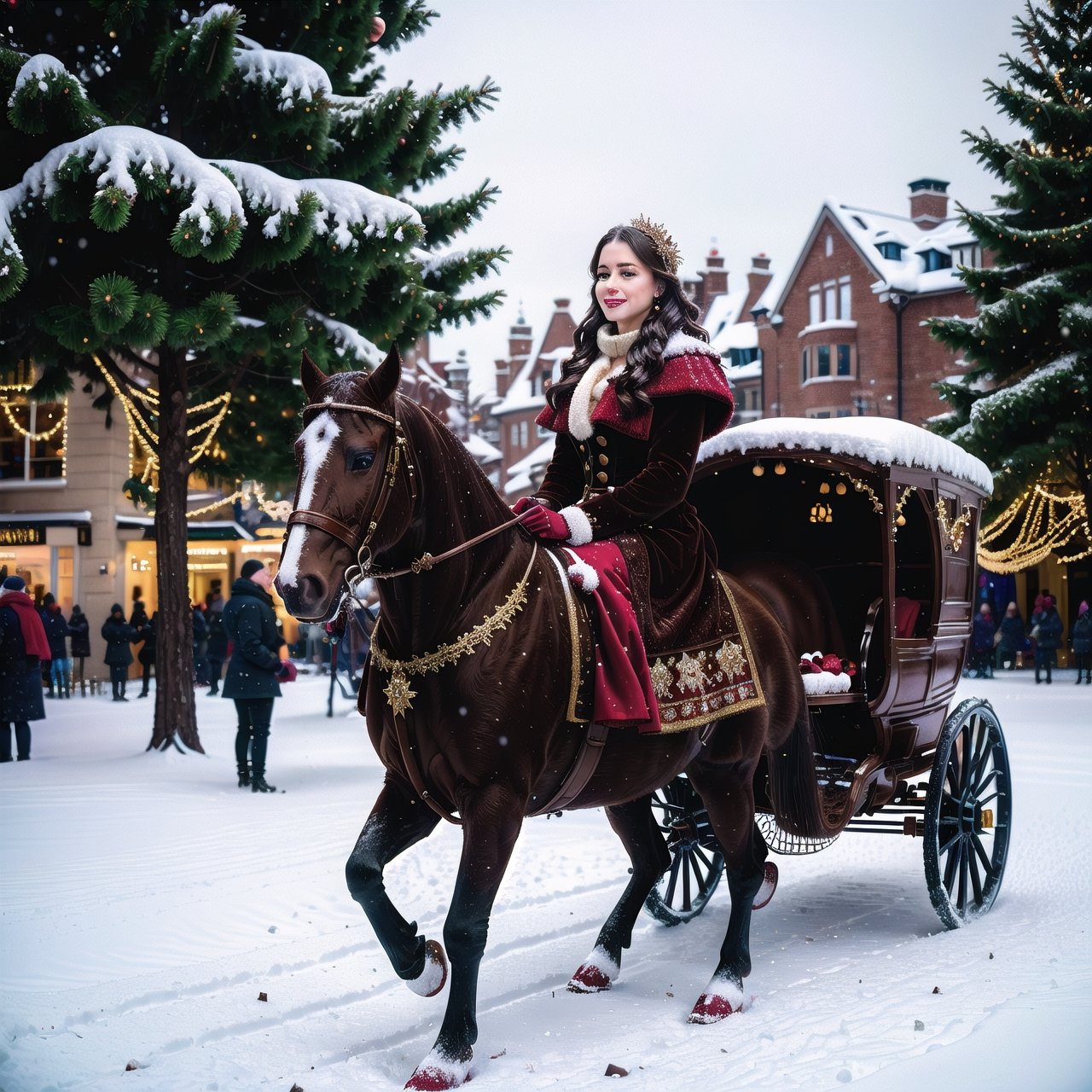 A girl in a chocolate carriage near a Christmas tree, surrounded by mythical gifts on a snowy day. (best quality,4k,8k,highres,masterpiece:1.2),ultra-detailed,(realistic,photorealistic,photo-realistic:1.37),illustration,enchanted scene,beautifully decorated carriage with intricate details,deliciously rich and textured chocolate,sparkling snowflakes falling gently,