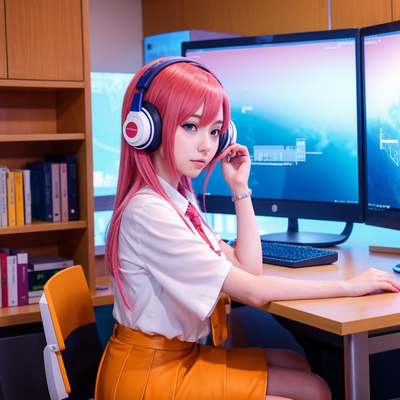 anime girl sitting at a desk with headphones on writing, anime style 4 k, digital anime illustration, digital anime art, anime style. 8k, anime moe artstyle, anime art wallpaper 4 k, anime art wallpaper 4k, anime style illustration, smooth anime cg art, detailed digital anime art, anime art wallpaper 8 k, realistic anime 3 d style