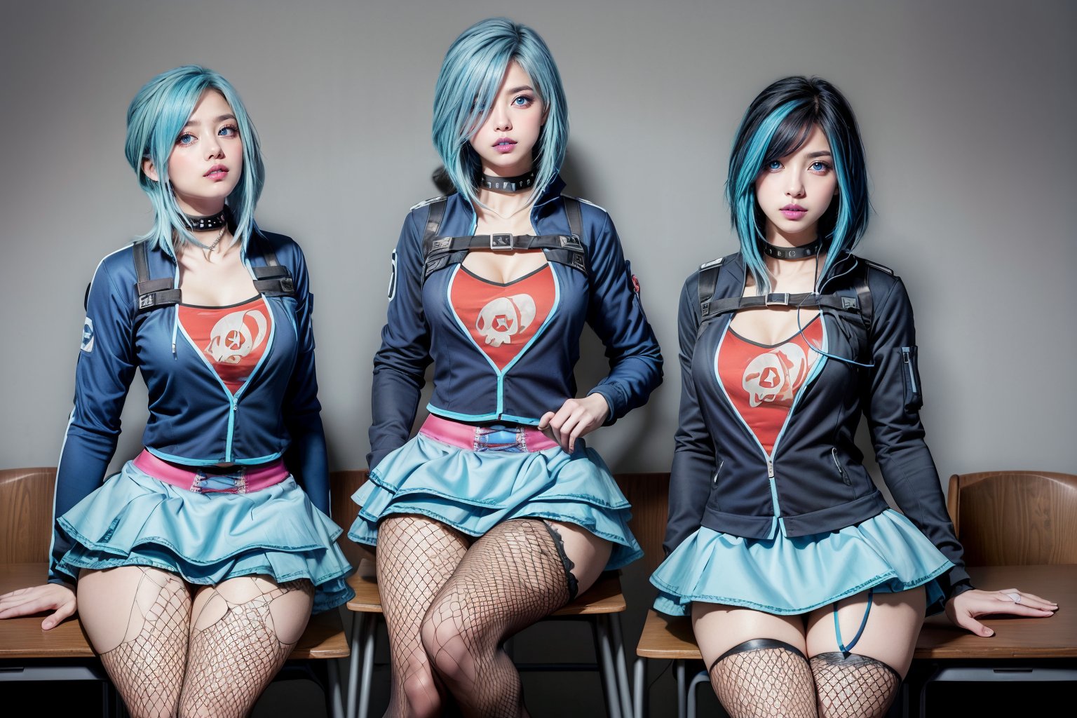 gracedecker, two toned dyed blue hair, exercise jacket, frilled skirt, (skull symbol), t-shirt, studded choker, punk, realhands, goth, ( torn fishnet stockings:0.9), sultry, college classroom, desk, sitting