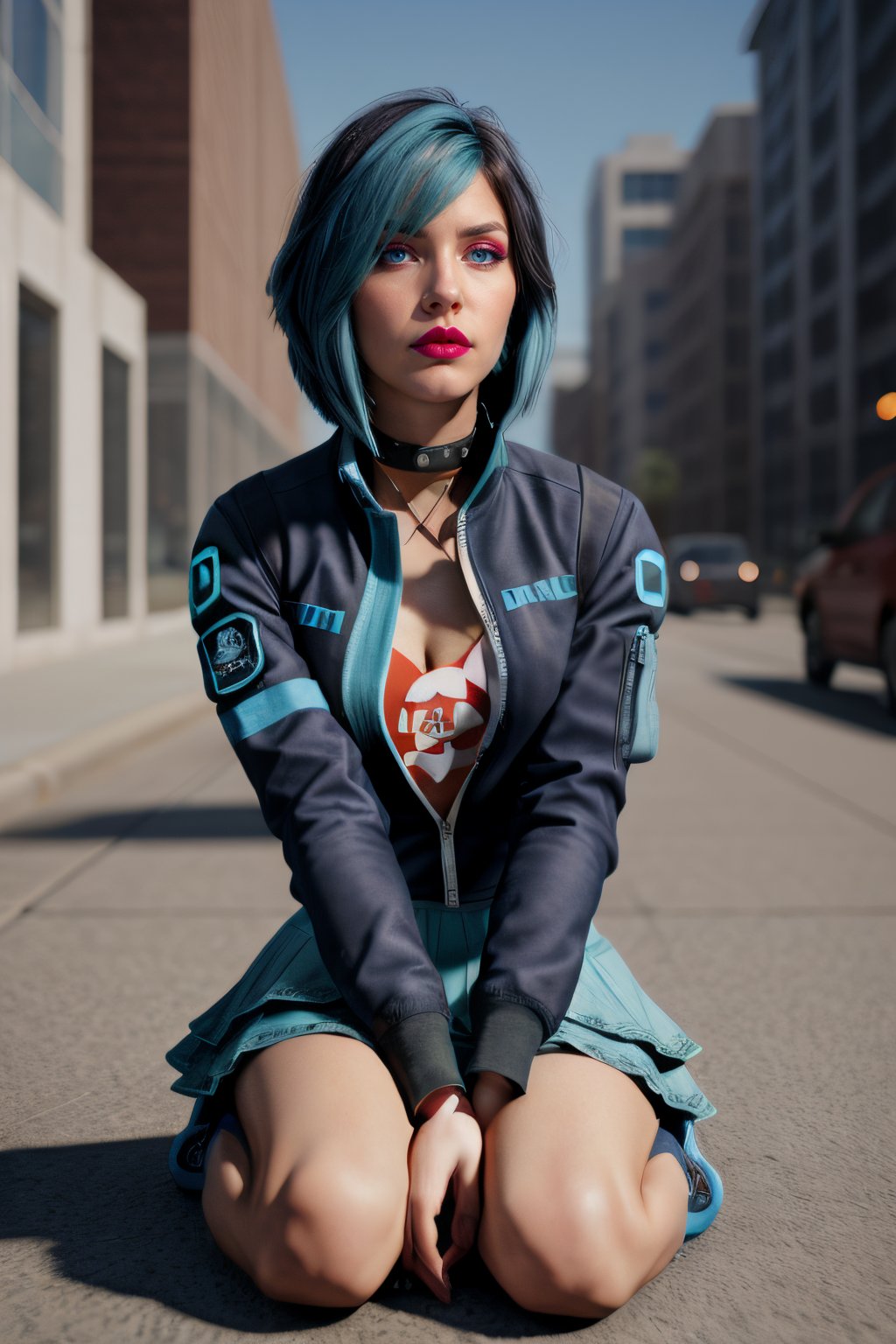  beautiful and aesthetic, high contrast, bokeh:1.2, lens flare, cinematic lighting, ambient lighting, sidelighting, cinematic shot, gracedecker, two toned dyed blue hair, exercise jacket, frilled skirt, skull symbol,( t-shirt), ( torn fishnet leggings:0.8), studded choker, sitting on the ground in a corner, sad, bored, , punk, airpods, realhands, goth, hugging knees,