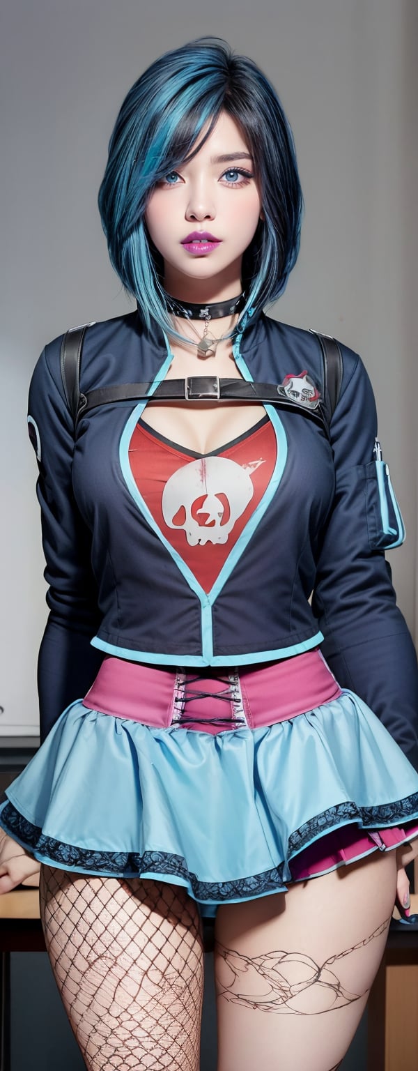 gracedecker, two toned dyed blue hair, exercise jacket, frilled skirt, (skull symbol), t-shirt, studded choker, punk, realhands, goth, ( torn fishnet stockings:0.9), sultry, college classroom, desk