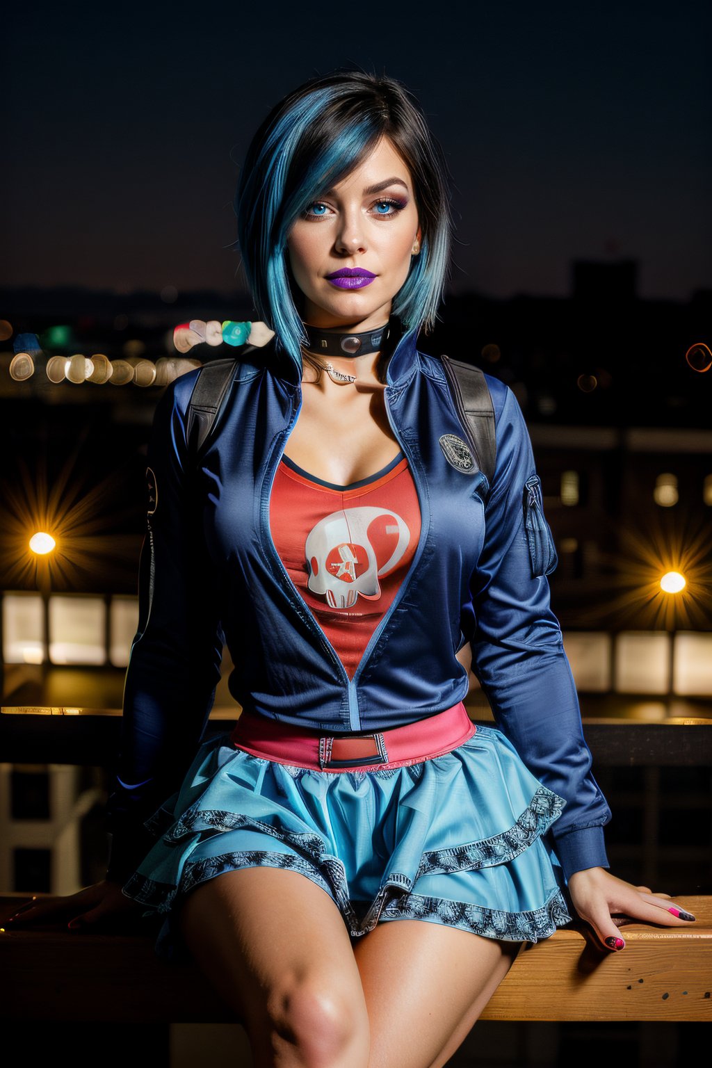  beautiful and aesthetic, high contrast, bokeh:1.2, cinematic lighting, ambient lighting, sidelighting, cinematic shot, gracedecker, two toned dyed blue hair, exercise jacket, frilled skirt, skull symbol,( t-shirt),, studded choker, shy, bored, , punk, realhands, goth, sitting at college, hand on head, studying