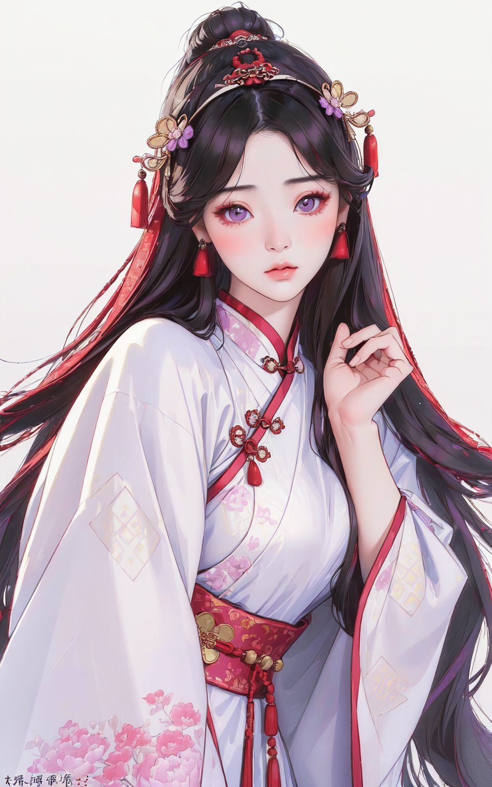 (Photorealistic:1.5) masterpiece of an immortal Chinese xianxia girl with narrow face and small eyes stands confidently, soft pastel theme, black, red, purple, (facing and looking at the viewer directly:1.5) in a medium fullshot composition. Her intricate clothing features realistic fabric textures, detailed to perfection. Against a simple background, she is rendered in stunning 2.5D hand-drawn style with photorealistic shading and coloring achieved through the use of color pencils and thick outlines. The overall lighting is dramatic and from the left, with soft white hues.

realistic eyes, realistic outfit, realistic face shape