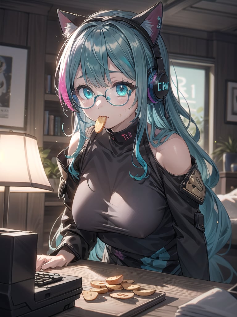 (1 japanese girl, solo, nerd behavior, long curly multicolored hair, pink and cyan hair, focus mood, cyan eyes, oversized black clothes, shoulder pads down, glasses, large breasts, cat-headphone) playing pc video games::1.4, sitting on gamer-chair, eating ptatoes chips, gamer-bedroom location::1.3, posters and lamps decoration, plants decoration, masterpiece, detailed shadows effect, detailed neon light effect, close-up upper body