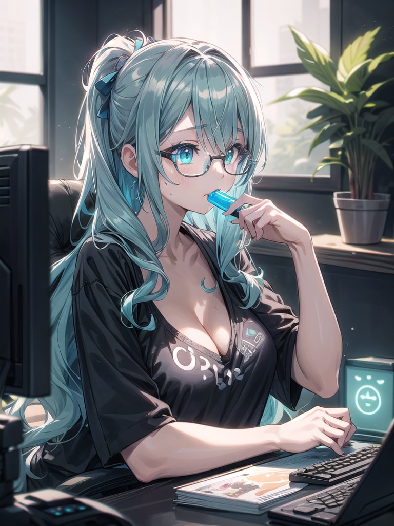 (1 japanese girl, solo, nerd behavior, long curly multicolored hair, pink and cyan hair, focus mood, cyan eyes, oversized black  shirt, cleavage, glasses, large breasts) playing pc video games::1.4, holding a joystick, sitting on gamer-chair, snack in the mouth, teenager room, posters and neon decoration, plants decoration, masterpiece, detailed shadows effect, detailed neon light effect, bright room, side-view, close-up upper body, big window background with old town outside