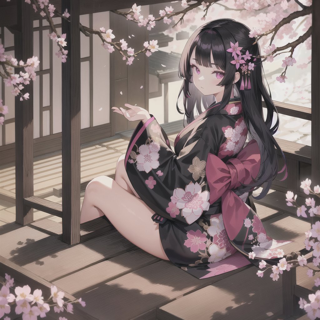 (1 petite girl, beatiful detailed kimono, long balck ornamented hair, magenta eyes) sitting on the knees, looking back, slip shoulder pads, japanese traditional room, cheery blossom, cherry blossom petels 