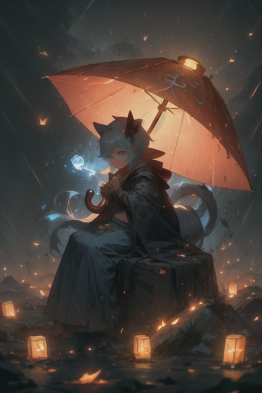 Macro-world, very small friendly and cute puffy creature,no human, blue color, white belly, bright lanterns, long puffy tail, long ears,  sitting on a red rose, holding a leaf-umbrella, raining, thunders light effect, golden fireflies background, night, GlowingRunes_, r1ge, masterpiece, detailed environment, macro effect