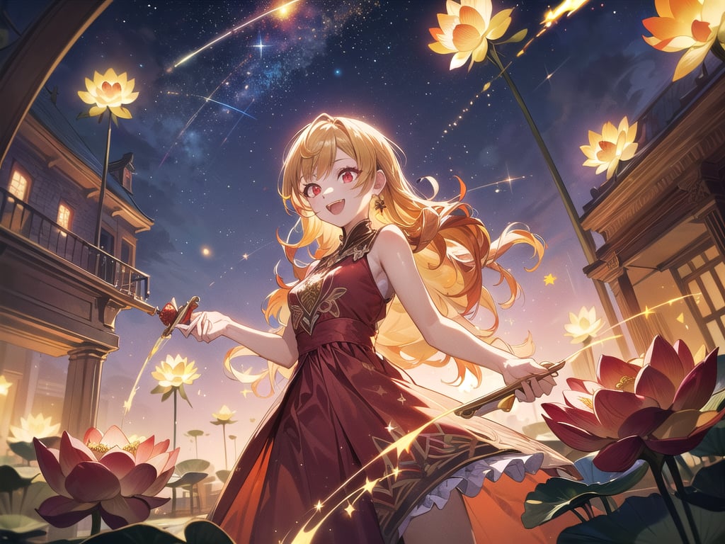 ((1 pyro-juggler girl, long curly red-yellow hair, luminous red eyes, detailed ornamented sparkly red-golden dress, playing with lotus fire flowers, excited happy mood)), fantasy magic world, old town street location::1.2, night time, sky full of starsdetailed light effect, detailed shadow effect, masterpiece quality