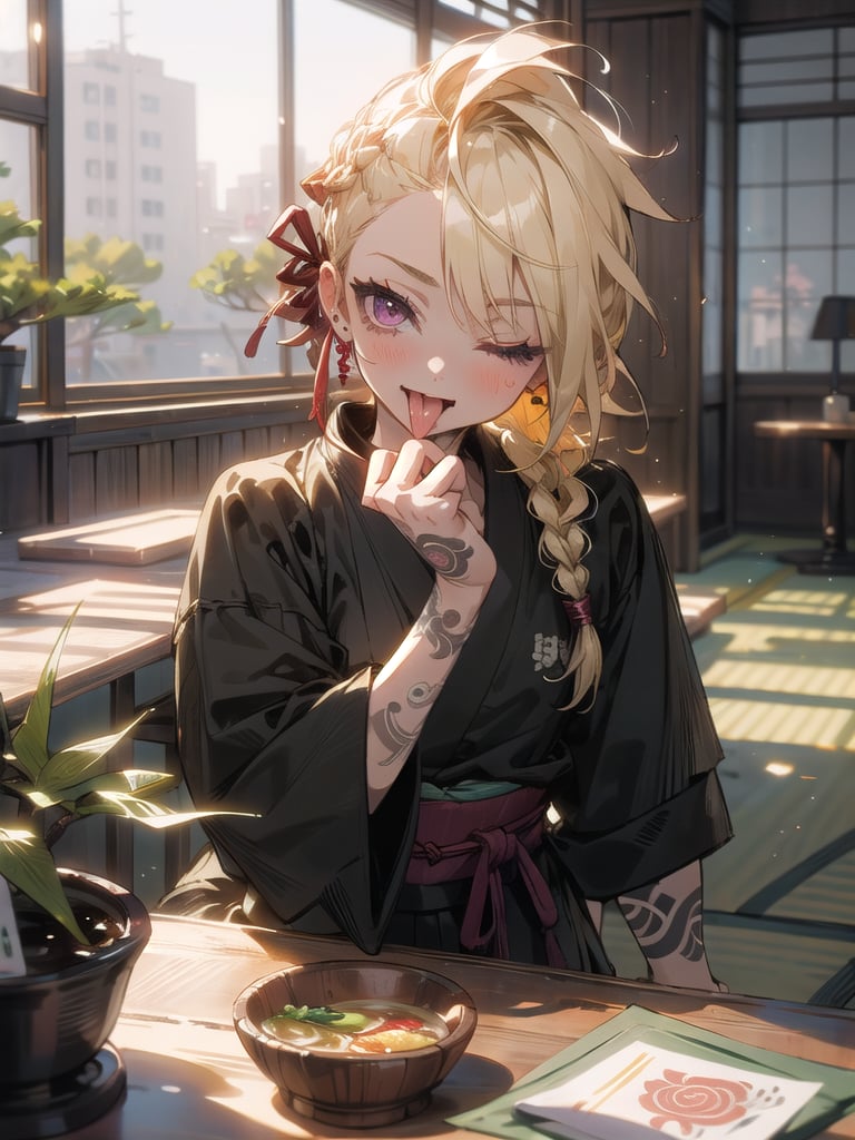 (1 yakuza girl::1.3, short blonde cornrow braids with shaved sides::1.2, bright magenta eyes, punk old style clothes, yakuza tattoos style, crazy character, child behavior, drunk mood, tongue out, one eye closed), taking a selfie::1.4, sitting down, (inisde small japanese restaurant location, small wooden tables and chair, noodles soup on table, small bonsai decoration) night time, masterpiece, insane quality, detailed enviroment location, detailed shadows effect, close-up