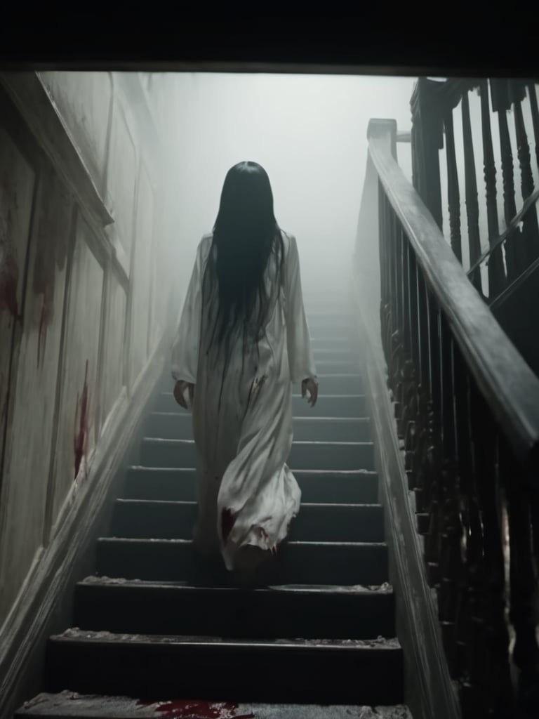 The grudge movie environment, cinematic scene, 1 cursed ghost, walking downstairs with distorted movements, white deadly distorted face, long black hair covering the face, white body, bloodstains everywhere, 32k uhd, cinematic still, close-up,  low-angle shot of the staircase, raw effect, foggy effect