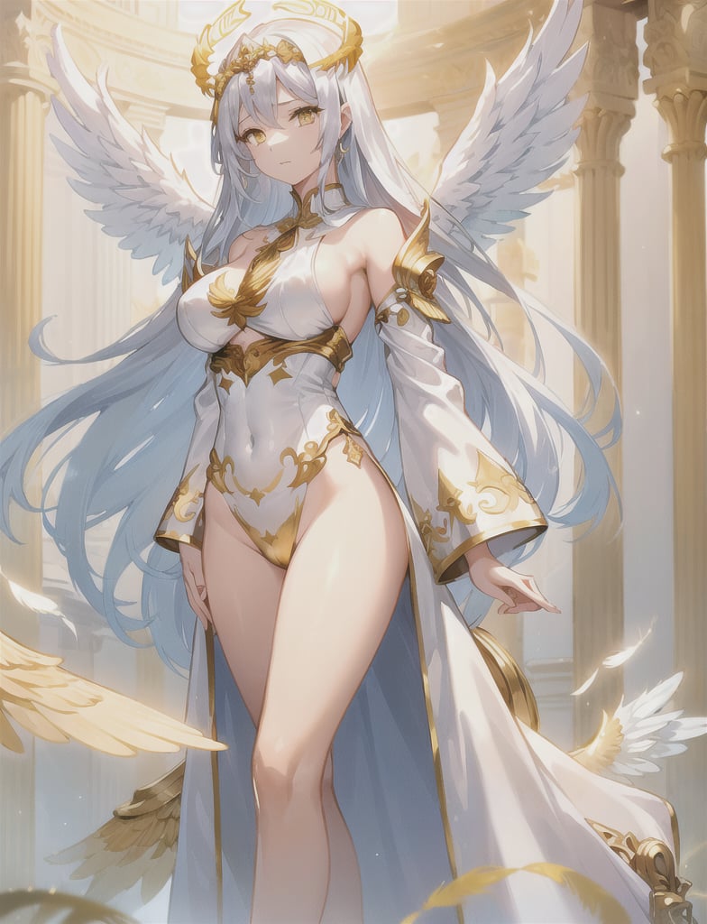 (sexy goddess of angels, perfect body, large breasts, silk-white-clothes, golden-ornamented-clothes, long double-wings::1.1, long silver ornamented hair, golden eyes, golden ornamented crown, luminescent presence) divine temple, taking a walk, falling angel feathers::1.1