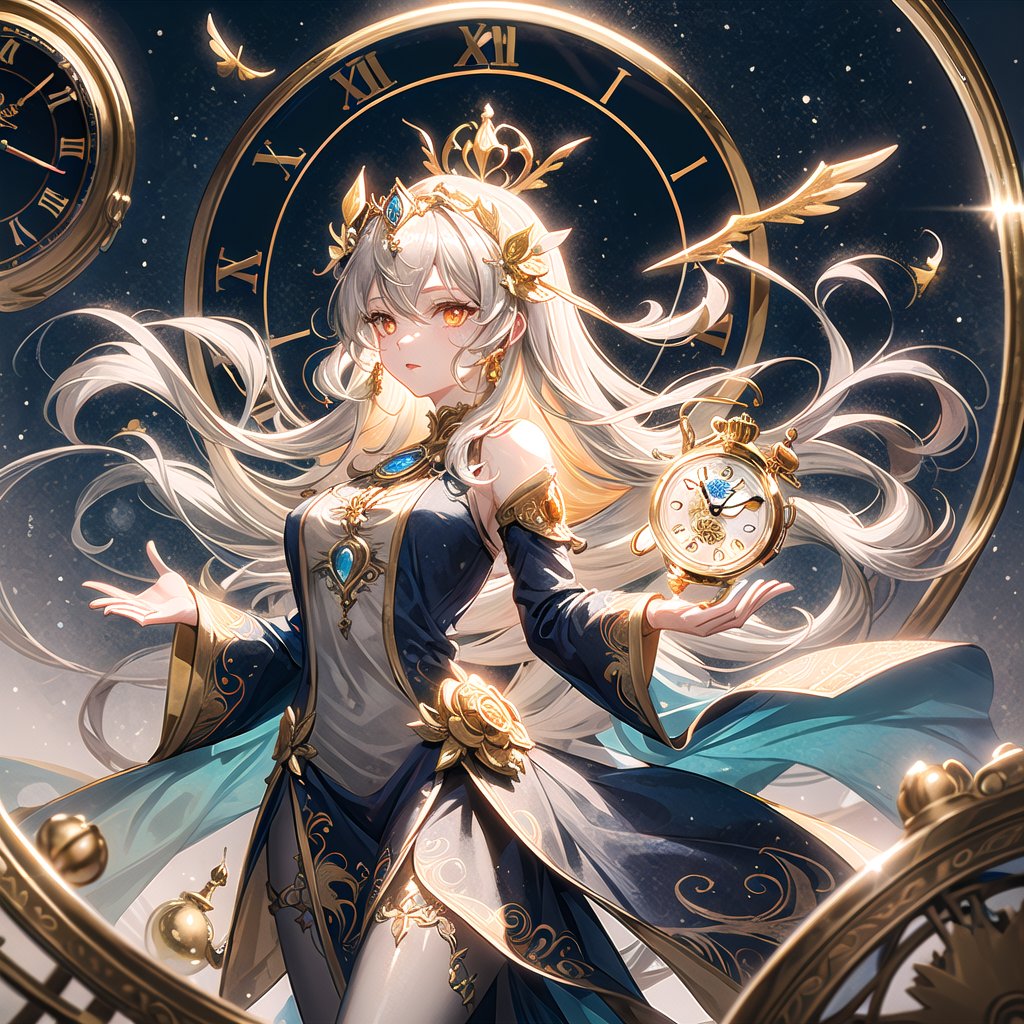  (1 goddes of time, wearing a detailed ornamented bright gray dress, immense power presence, magical bright orange eyes) time-magic essence floating around, fantasy magic world, masterpiece quality, detailed magic effect, god temple location, magical golden time clocks decoration