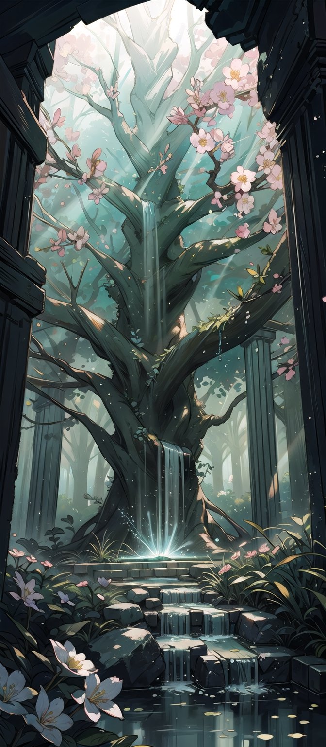 A giant ancient tree, green and full of magical blossom, abandoned ancient temple,  ruined walls with luminous symbols, small waterfalla in background, soft light, beams light effect,FFIXBG